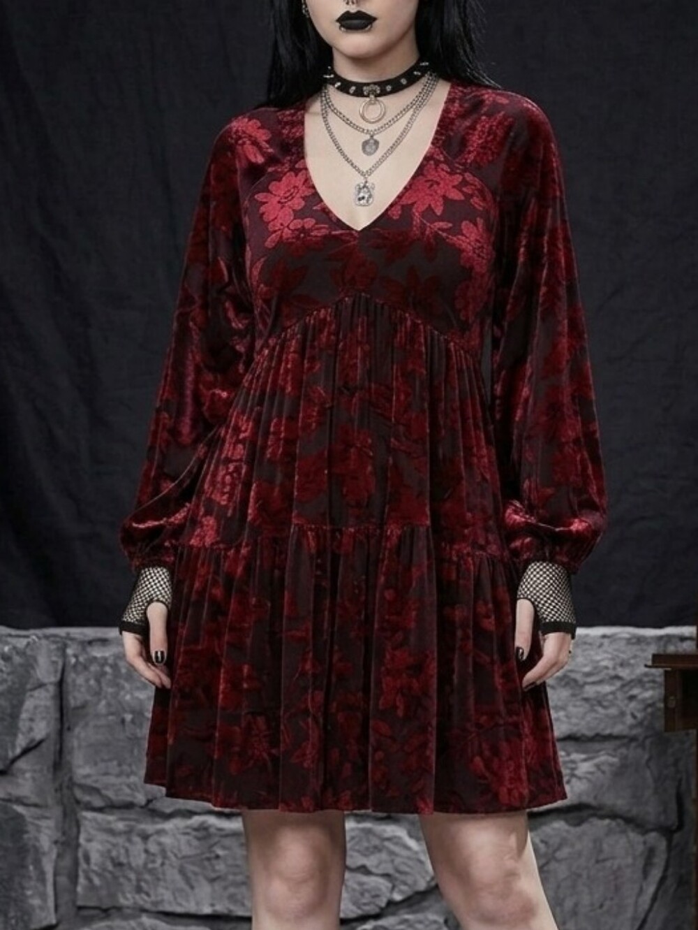 VINTAGE Burnout Velvet Floral Tiered Babydoll Mini Dress Burgundy sz M Women's